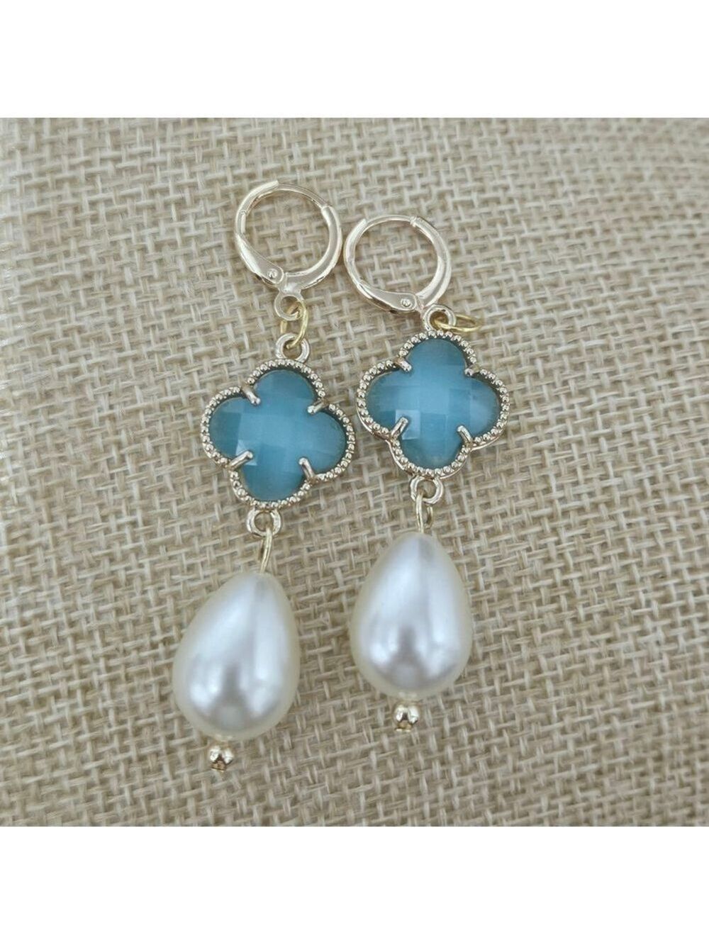 Teardrop Pearl/Turquoise Fashion Gold Tone Dangle Earrings - Picture 2 of 2